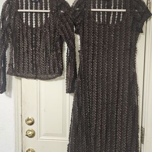 Betsey Johnson New York Brown 3-Piece Set Crinkle Mesh Sheer Cardigan